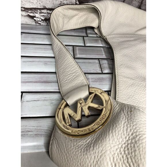 Michael Kors Gold Logo Vanilla Ivory Large Leather Shoulder Bag Handbag Purse - Picture 3 of 6